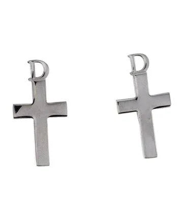 Silver Christian Dior clip on cross earrings in the shape of a religious cross with the letter D on the top of the cross