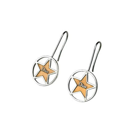 Earrings have circular shape outline with star outline inside the circle with Dior letters logo in the middle of the star