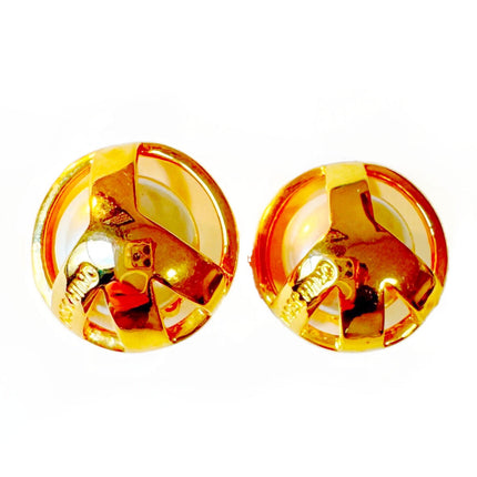 Moschino gold tone metal peace sign earrings with faux white pearl behind