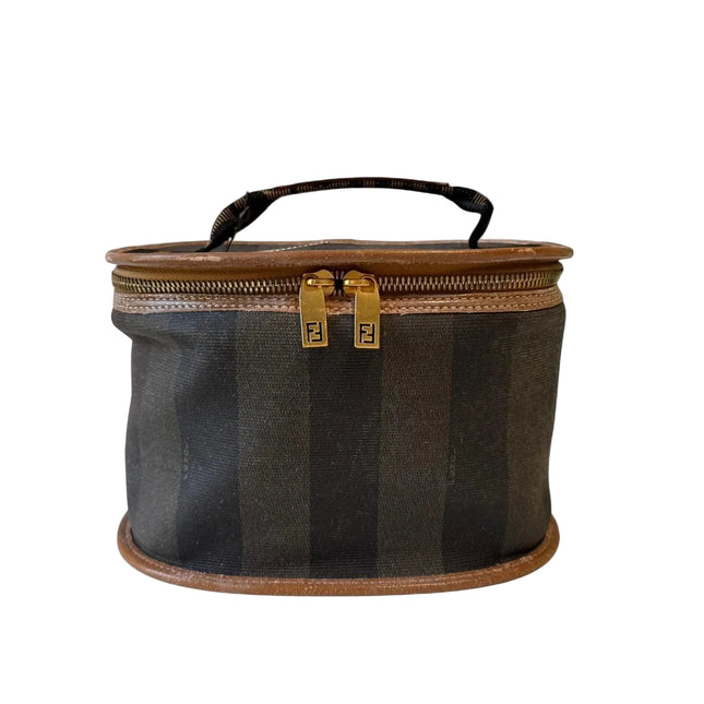 Fendi pequin vanity beauty bag with top handle. Black with brown striped pattern, tan leather trim, and gold hardware.