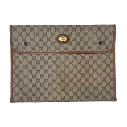 Vintage Gucci Document Holder with GG monogram, beige canvas with brown leather and gold oval Gucci GG logo on upper center