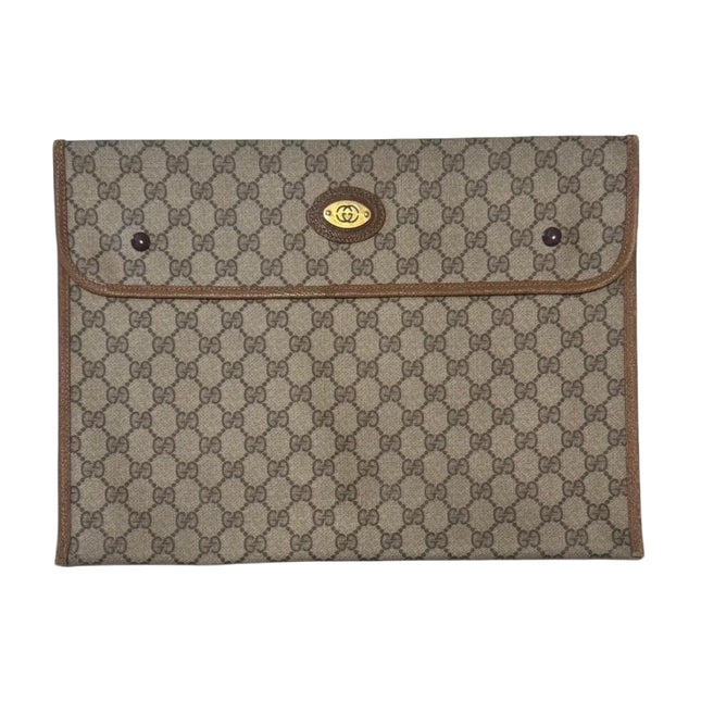 Vintage Gucci Document Holder with GG monogram, beige canvas with brown leather and gold oval Gucci GG logo on upper center