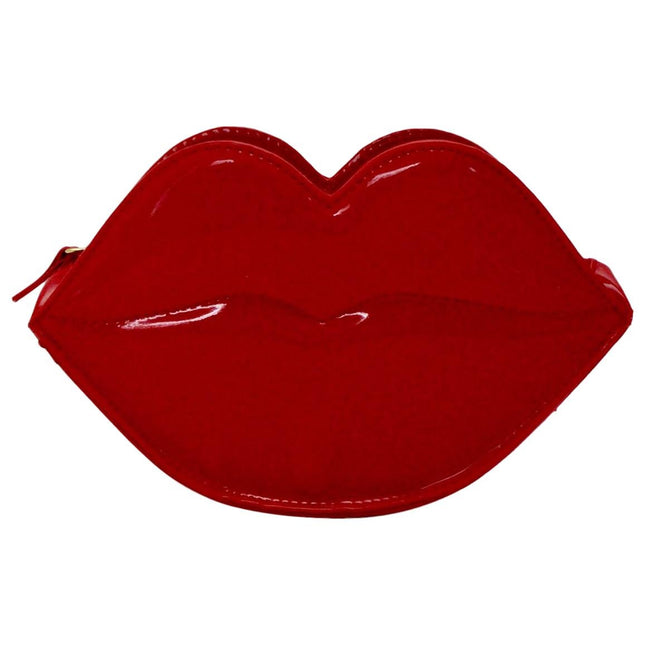 Clutch bag in the shape of lips in red color with zipper closure along top of bag