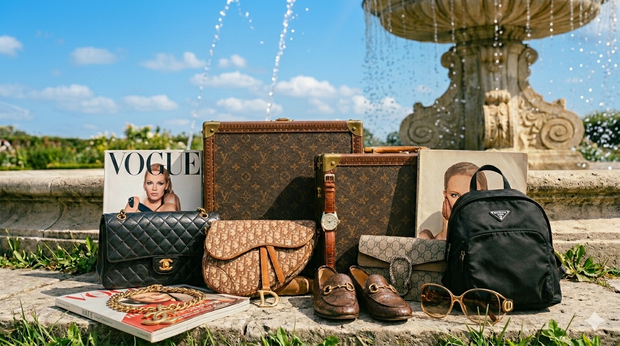 Curated vintage designer pieces essential for a summer trip showing Louis Vuitton monogram trunks, a Prada black backpack, quilted Chanel shoulder bag in black color, Gucci monogram slider loafers with horsebit and vintage Christian Dior gold metal sunglasses with brown lenses. 