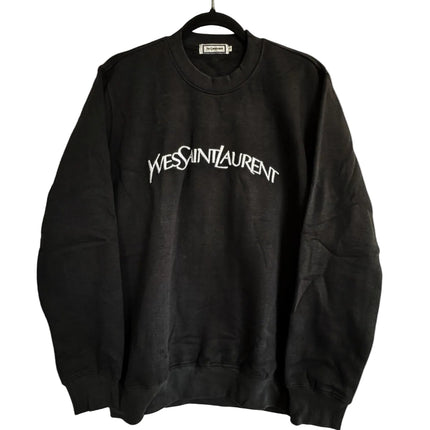 Yves Saint Laurent mens black sweatshirt with YVES SAINT LAURENT logo lettering embroidered across the chest in white.