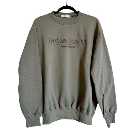 Vintage YSL Sweatshirt, with embroidered Yves Saint Laurent logo and pour homme underneath in olive green color