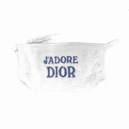 J'ADORE DIOR terry towel pouch bag in white color with blue embroidered lettering and zipper closure along top