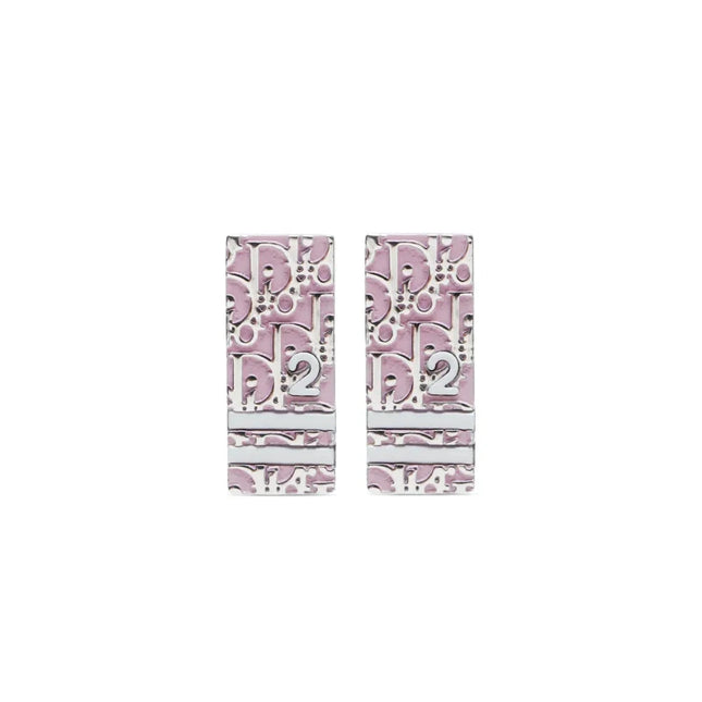 Clip on Dior trotter earrings with Dior monogram the number 2 and 2 stripes across earrings in pink and white enamel inlay