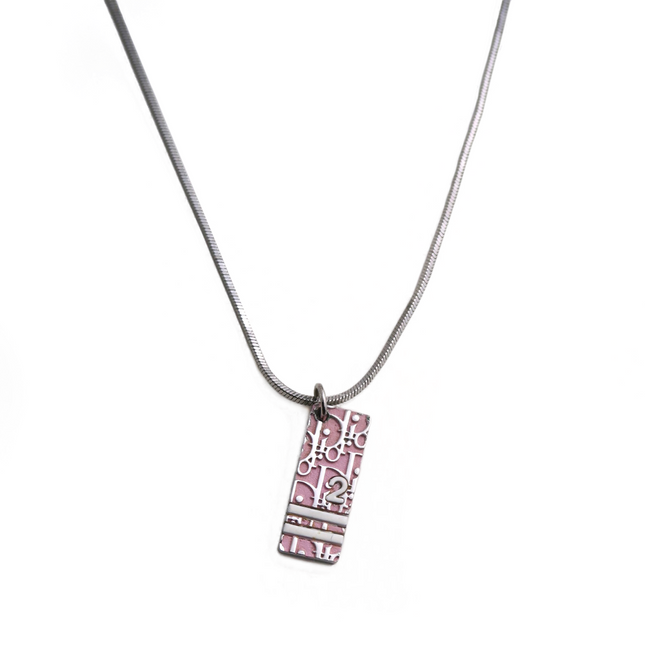 Christian Dior pink trotter monogram pendant necklace with silver chain